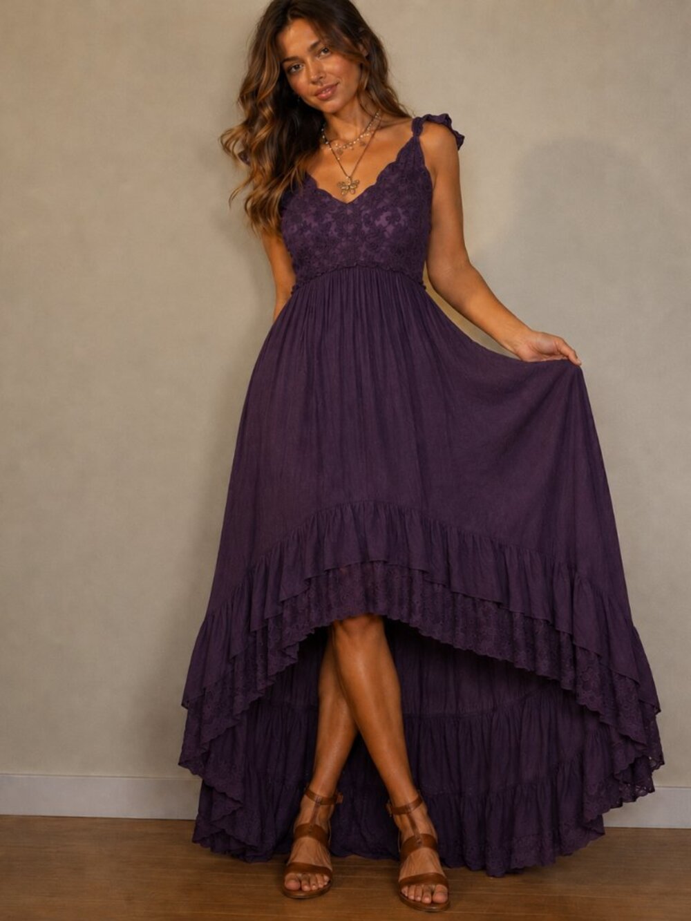NWOT Shyanne Lace bodice Grape Purple High Low Frill Hem Maxi Dress L - Picture 2 of 4